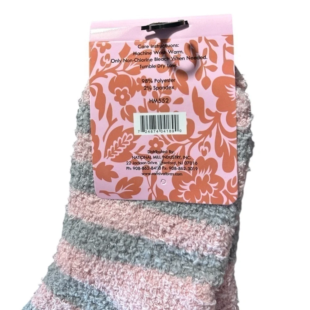 NWT Carnival Ladies Super Soft Slipper Socks /Fuzzy Crew Socks Striped Pink Gray